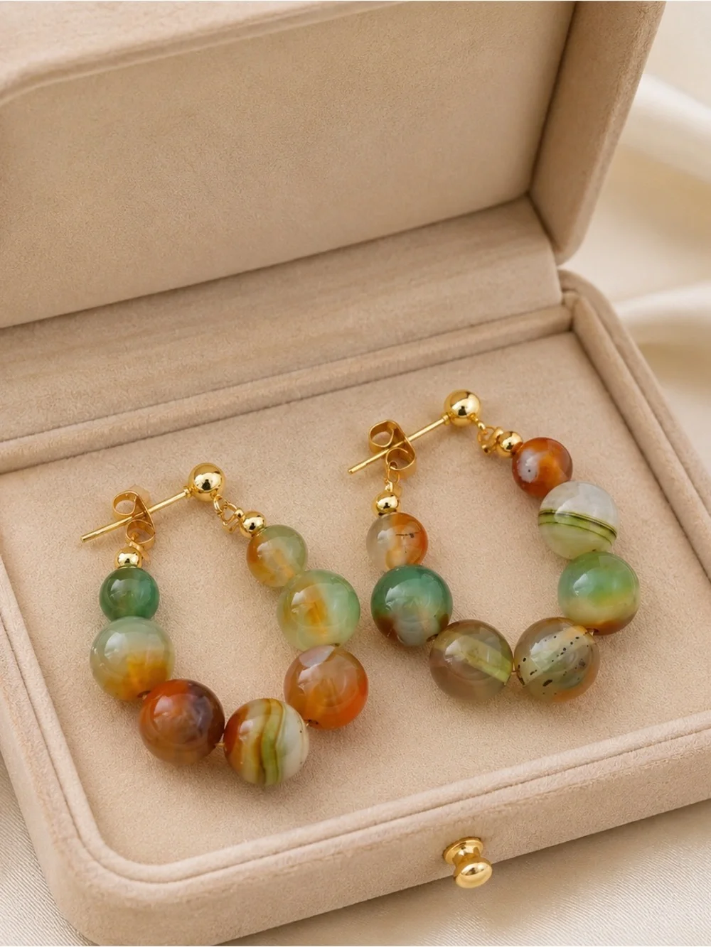 Gold Hoop Earrings with Multicolor Agate Beads fashion earrings